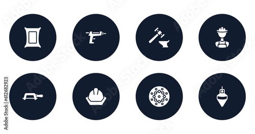 carpentry filled icons set. flat filled icons sheet included cement, glue gun, blacksmith, construction worker, fretsaw, head protection, beadwork, plumb bob vector.