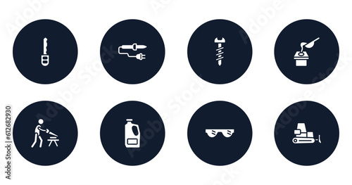 construction filled icons set. flat filled icons sheet included car key, soldering iron, screws, crucible, carpenter, detergent, eye protection, dozer vector.