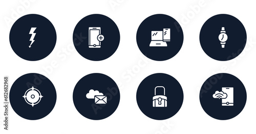 cloud computing filled icons set. flat filled icons sheet included lightning electric energy, add phone, tablet and laptop, on time, weapon crosshair, internet mail, black locked, phone connected to