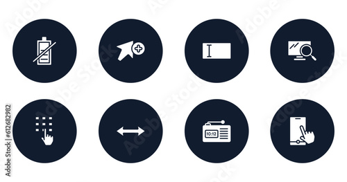 computer and media filled icons set. flat filled icons sheet included battery uncharged, add, text entry box, pc search, entering password, left and right arrow, radio alarm, touch screen smartphone