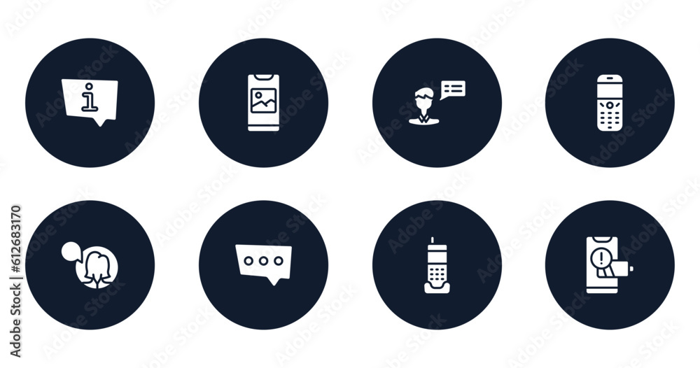 smartphones filled icons set. flat filled icons sheet included information speech bubble, photo on phone screen, male, old phone speaker, female user talking, three dots ellipsis, phone home, with