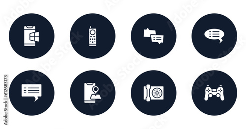 smart devices filled icons set. flat filled icons sheet included windows on phone, first commercial phone, two speech bubbles, black speech bubble, blank speech bubble, map on phone, wall ps4