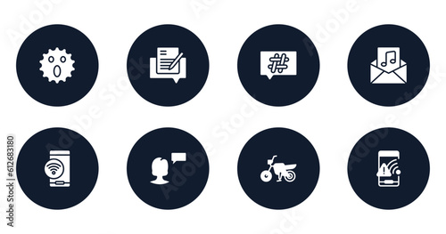phoneset filled icons set. flat filled icons sheet included surprised, edit document, hash, audio file, , monologue, motorbike, wifi connection warning vector.