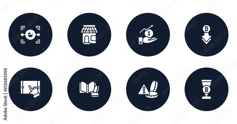 cryptocurrency filled icons set. flat filled icons sheet included eye scan, convenience store, stock market, decline, touch screen, finance book, alerts, passion vector. cryptocurrency filled icons set. flat filled icons sheet included eye scan, convenience store, stock market, decline, touch screen, finance book, alerts, passion vector.