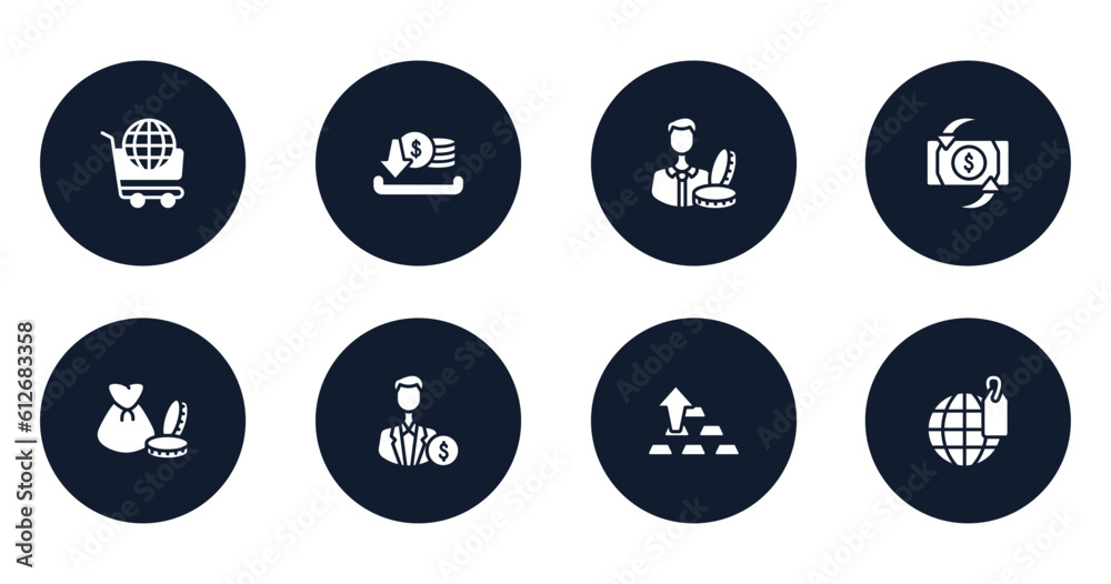 marketing filled icons set. flat filled icons sheet included world wide shopping, earning, accredited, return on investment, capital, investors, ingot, trademark vector.