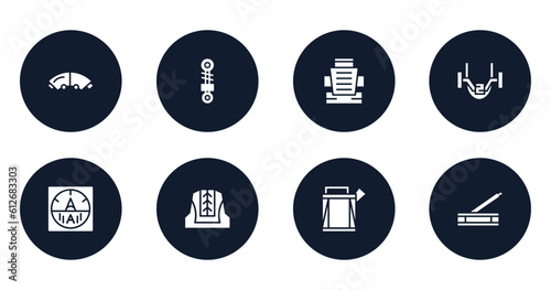 car parts filled icons set. flat filled icons sheet included car brake pad, car suspension, bucket seat, anti-roll bar, ammeter, cowl, petrol tank, handbrake vector.