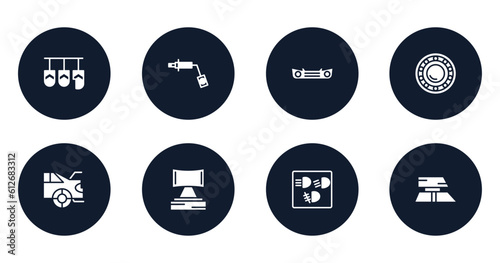 car parts filled icons set. flat filled icons sheet included car pedal, car wheel brace, bumper, bearing, boot, headrest, dashboard, roof vector.