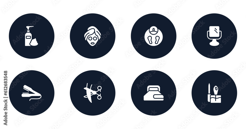 pretty filled icons set. flat filled icons sheet included foam hair, beauty face mask, big scale, makeup mirror, flat iron, hair cut, hair gel, manicure vector. pretty filled icons set. flat filled icons sheet included foam hair, beauty face mask, big scale, makeup mirror, flat iron, hair cut, hair gel, manicure vector.
