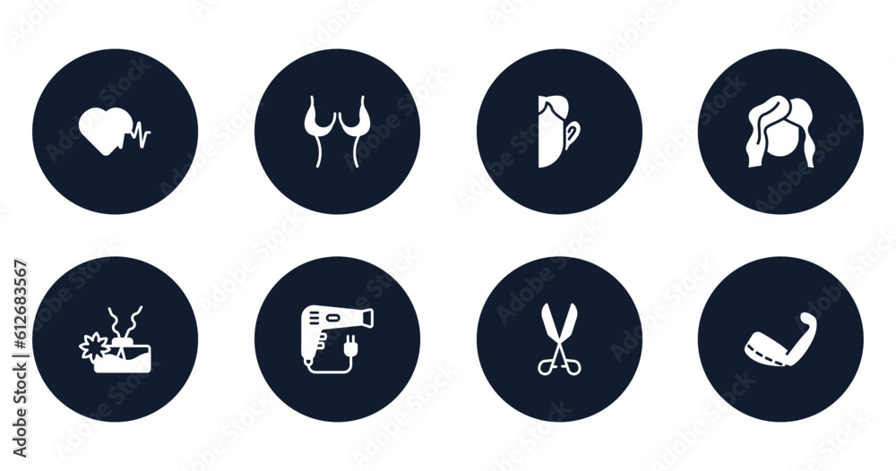 plastic surgery filled icons set. flat filled icons sheet included hearts, breast reduction, otoplasty, hairdresser, aroma, dryer, medical tools, brachioplasty vector.