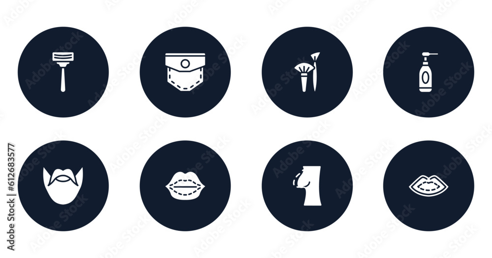 plastic surgery filled icons set. flat filled icons sheet included shaving, pocket, brushes, cleansing, hipster, lip augmentation, nipple, lip vector. plastic surgery filled icons set. flat filled icons sheet included shaving, pocket, brushes, cleansing, hipster, lip augmentation, nipple, lip vector.