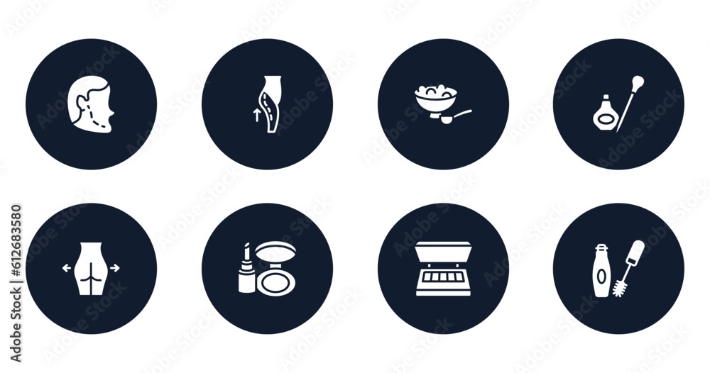 beauty filled icons set. flat filled icons sheet included implant, lifting, salt, eyeliner, gluteus, make up kit, eye shadow, mascara makeup vector. beauty filled icons set. flat filled icons sheet included implant, lifting, salt, eyeliner, gluteus, make up kit, eye shadow, mascara makeup vector.