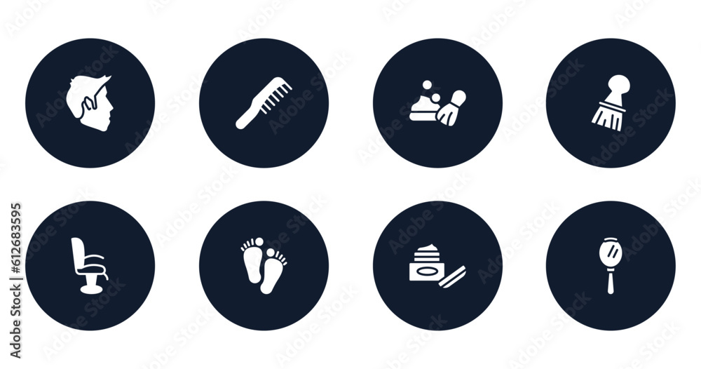 hairdressing and barber filled icons set. flat filled icons sheet included short male hair shape, hairdressing, shaving foam, accesory, chair side view, barefoot, skincare, hand mirror vector. hairdressing and barber filled icons set. flat filled icons sheet included short male hair shape, hairdressing, shaving foam, accesory, chair side view, barefoot, skincare, hand mirror vector.
