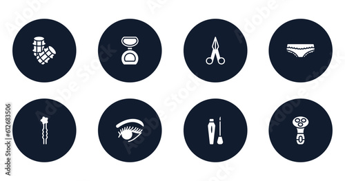 pretty filled icons set. flat filled icons sheet included hair rollers, matte powder, manicure scissors, panties with lace, two hairpins, woman eye, liquid lipstick, electric shaver for women