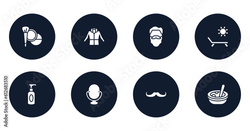therapy filled icons set. flat filled icons sheet included cosmetic, parka, hipster beard, sun and deck chair, soap for hands, make up mirror, long hipster moustache, soup vector.