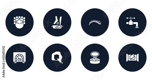 make up filled icons set. flat filled icons sheet included hair curler, soak, eyelashes, faucet, burner, mesotherapy, powder, wet wipes vector.