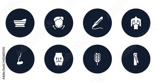 beauty and spa filled icons set. flat filled icons sheet included bathtube, zygoma reduction plasty, curling, mastopexy, rhinoplasty, gluteus implant, birch whisk, nail clippers vector.