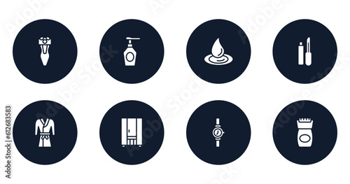 beauty and spa filled icons set. flat filled icons sheet included electric shaver, spray bottle, waterdrop, lip matt, robe, infrared, wrist watch, epilator vector.
