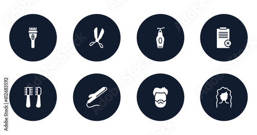 hairdressing and barber filled icons set. flat filled icons sheet included clipper, scissors badge, face cleanser, disclaimer, pets hair salon tools kit, curling iron, male head hair and beard, wavy