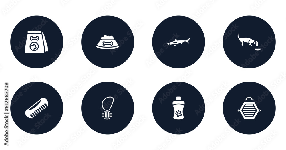 pet shop filled icons set. flat filled icons sheet included cat food, dog food, big shark, dog eating, pet comb, rope toy, shampoo, cat box vector.