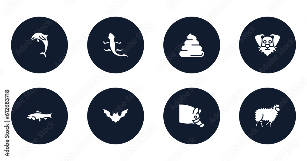 sheeps filled icons set. flat filled icons sheet included jumping dolphin, curved lizard, pile of dung, funny dog head, big salmon, plain bat, hog head, sheep with curly wool vector. sheeps filled icons set. flat filled icons sheet included jumping dolphin, curved lizard, pile of dung, funny dog head, big salmon, plain bat, hog head, sheep with curly wool vector.