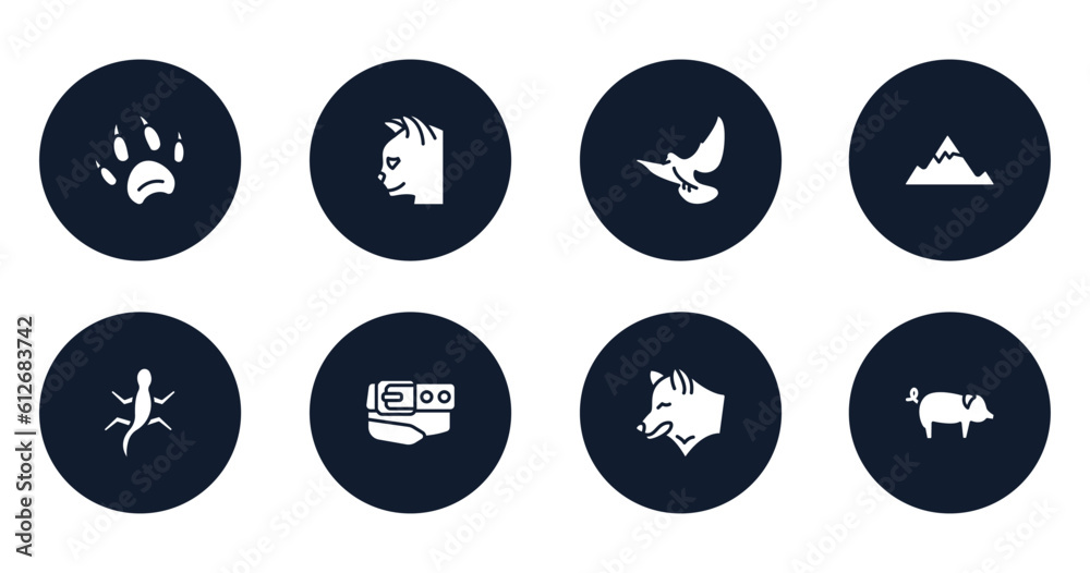 free animals filled icons set. flat filled icons sheet included animal paw print, cat head, flying dove, angular mountain, gecko, belt and buckle, wolf head, pig with round tail vector. free animals filled icons set. flat filled icons sheet included animal paw print, cat head, flying dove, angular mountain, gecko, belt and buckle, wolf head, pig with round tail vector.