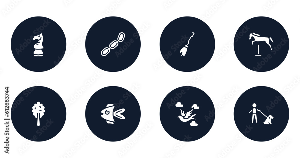 dogs filled icons set. flat filled icons sheet included horse head chess piece, chains, broom, horse jumping, plain tree, fish, bird flying between clouds, dog with owner vector. dogs filled icons set. flat filled icons sheet included horse head chess piece, chains, broom, horse jumping, plain tree, fish, bird flying between clouds, dog with owner vector.