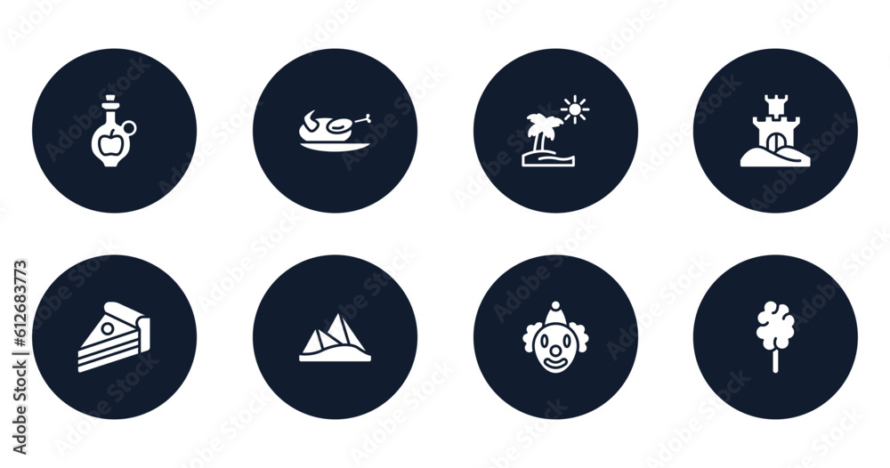 circus filled icons set. flat filled icons sheet included cider, turkey, pictures, sand castle, piece of cake, pyramids, clown, cotton candy vector. circus filled icons set. flat filled icons sheet included cider, turkey, pictures, sand castle, piece of cake, pyramids, clown, cotton candy vector.