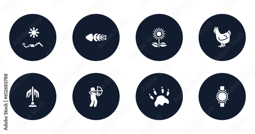 diving filled icons set. flat filled icons sheet included sunbathing, fishbone, sunflowers, hen, statue, hunter, paw print, diving watch vector. diving filled icons set. flat filled icons sheet included sunbathing, fishbone, sunflowers, hen, statue, hunter, paw print, diving watch vector.