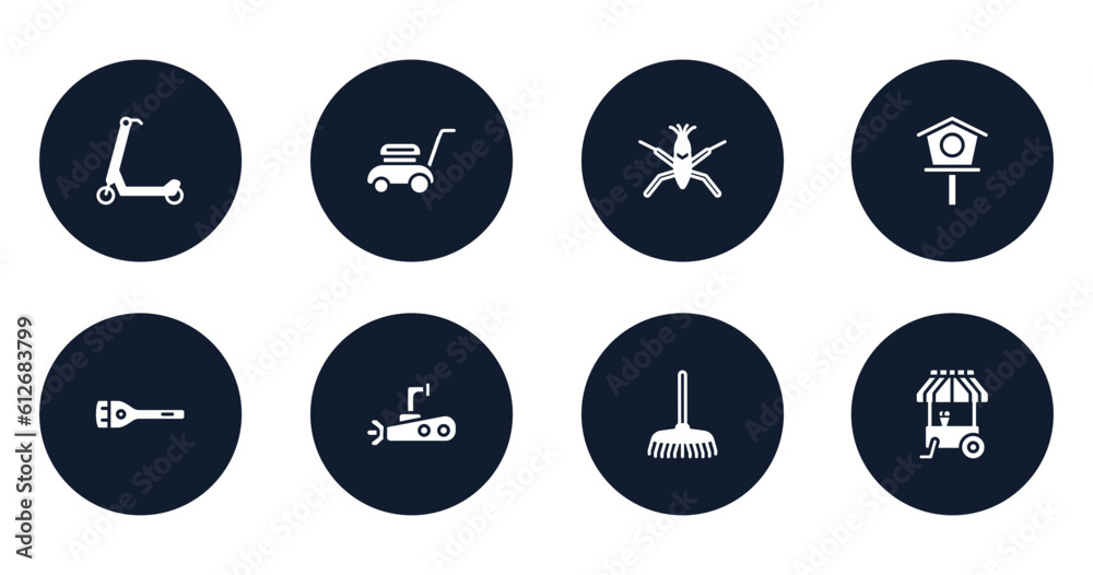 city park filled icons set. flat filled icons sheet included scooter, lawn mower, pond skater, birdhouse, flashlight, submarine, rake, ice cream cart vector. city park filled icons set. flat filled icons sheet included scooter, lawn mower, pond skater, birdhouse, flashlight, submarine, rake, ice cream cart vector.