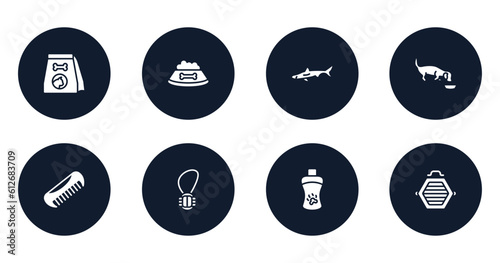 pet shop filled icons set. flat filled icons sheet included cat food, dog food, big shark, dog eating, pet comb, rope toy, shampoo, cat box vector.