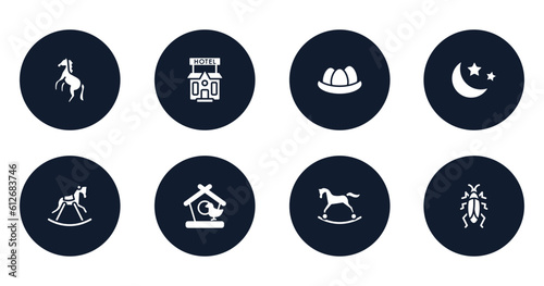 animal kingdom filled icons set. flat filled icons sheet included wild horse, pets hotel, egg in a nest, moon and stars, horse rocker black, bird and house, horse rocker, roach vector.