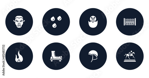 horses filled icons set. flat filled icons sheet included vampire, raindrops, bird in broken egg, fence for horses jumps, fire flame, roller skate, jockey hat, trophy of horses races vector.