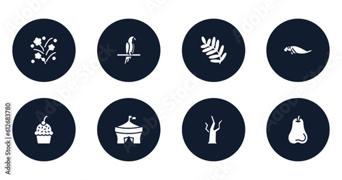 thanksgiving filled icons set. flat filled icons sheet included firework, aw, fern, sea cow, muffin, circus, dead tree, pear vector.