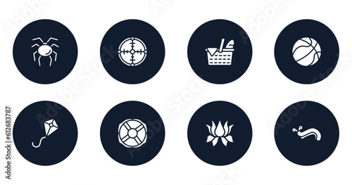 insects filled icons set. flat filled icons sheet included opiliones, crosshair, picnic, basketball ball, kite, lifebuoy, lotus flower, slug vector.