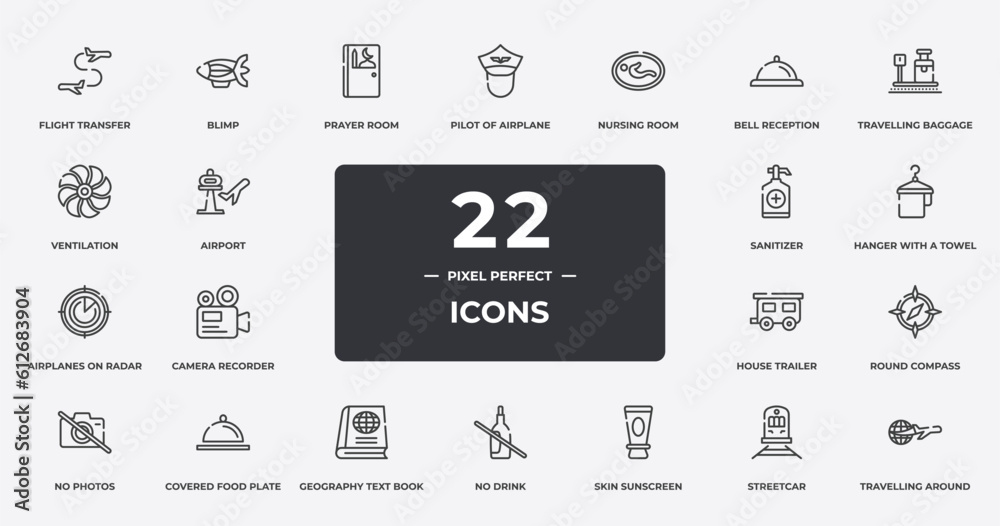 vacation outline icons set. thin line icons sheet included flight transfer, prayer room, nursing room, travelling baggage weight, hanger with a towel, covered food plate, streetcar, travelling vacation outline icons set. thin line icons sheet included flight transfer, prayer room, nursing room, travelling baggage weight, hanger with a towel, covered food plate, streetcar, travelling