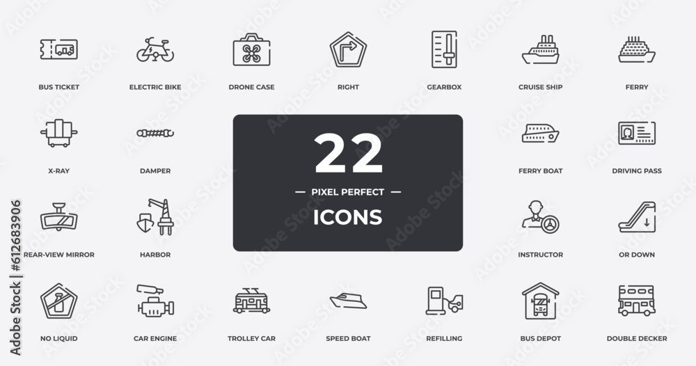 transportation outline icons set. thin line icons sheet included bus ticket, drone case, gearbox, ferry, driving pass, car engine, bus depot, double decker vector.