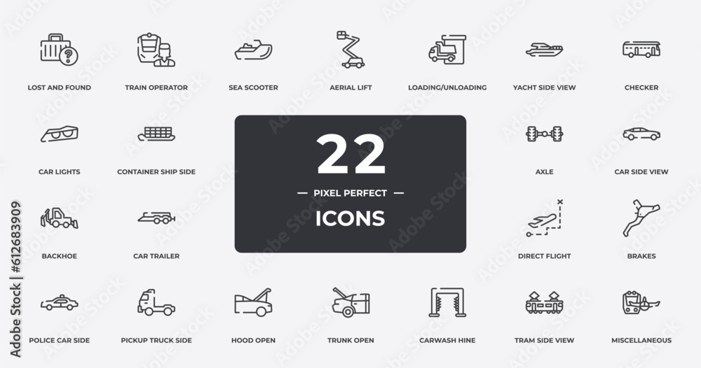transportation outline icons set. thin line icons sheet included lost and found, sea scooter, loading/unloading area, checker, car side view, pickup truck side view, tram side view, miscellaneous transportation outline icons set. thin line icons sheet included lost and found, sea scooter, loading/unloading area, checker, car side view, pickup truck side view, tram side view, miscellaneous