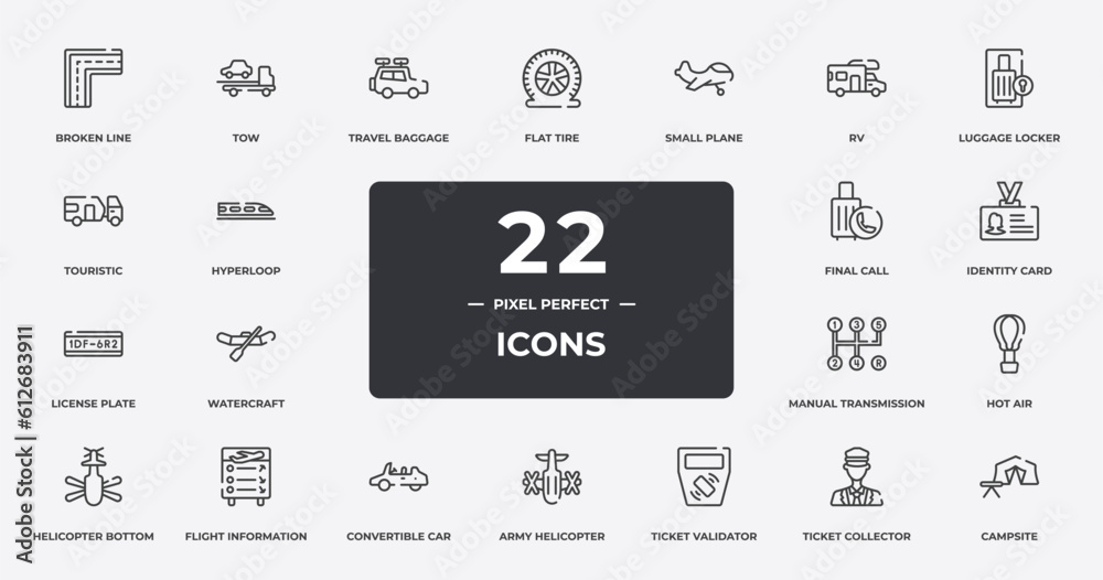 road trip outline icons set. thin line icons sheet included broken line, travel baggage, small plane, luggage locker, identity card, flight information, ticket collector, campsite vector.