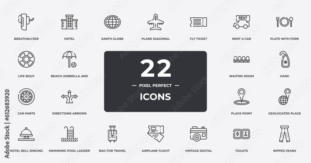 holidays outline icons set. thin line icons sheet included breathalyzer, earth globe, fly ticket, plate with fork and knife cross, hang, swimming pool ladder, toilets, ripped jeans vector. holidays outline icons set. thin line icons sheet included breathalyzer, earth globe, fly ticket, plate with fork and knife cross, hang, swimming pool ladder, toilets, ripped jeans vector.