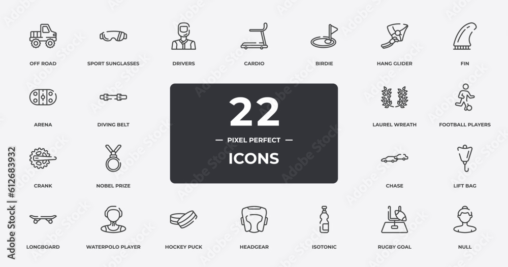 sports outline icons set. thin line icons sheet included off road, drivers, birdie, fin, football players, waterpolo player, rugby goal, null vector. sports outline icons set. thin line icons sheet included off road, drivers, birdie, fin, football players, waterpolo player, rugby goal, null vector.