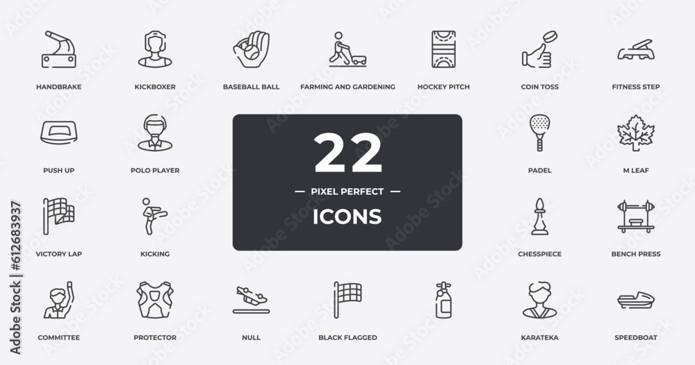 extreme sports outline icons set. thin line icons sheet included handbrake, baseball ball, hockey pitch, fitness step, m leaf, protector, karateka, speedboat vector.