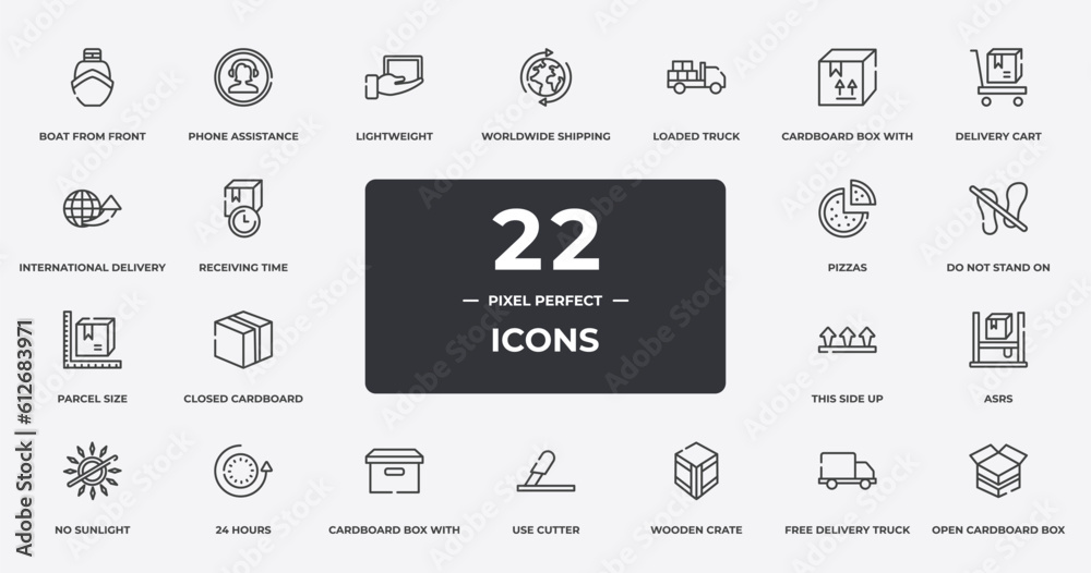 boxes outline icons set. thin line icons sheet included boat from front view, lightweight, loaded truck, delivery cart, do not stand on, 24 hours, free delivery truck, open cardboard box vector. boxes outline icons set. thin line icons sheet included boat from front view, lightweight, loaded truck, delivery cart, do not stand on, 24 hours, free delivery truck, open cardboard box vector.