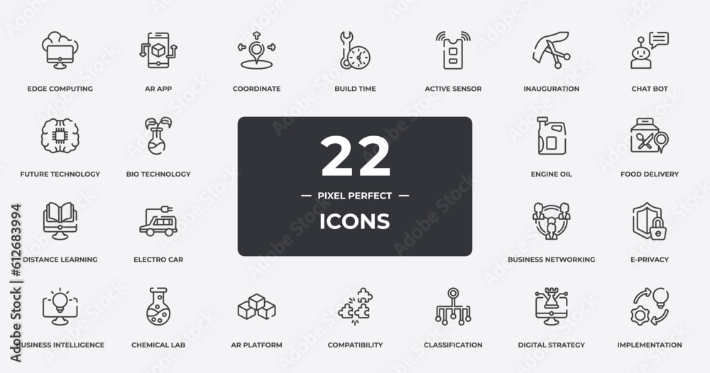 general outline icons set. thin line icons sheet included edge computing, coordinate, active sensor, chat bot, food delivery, chemical lab, digital strategy, implementation vector. general outline icons set. thin line icons sheet included edge computing, coordinate, active sensor, chat bot, food delivery, chemical lab, digital strategy, implementation vector.