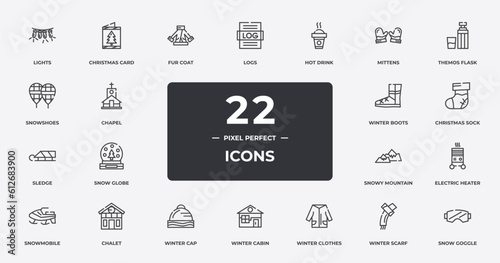 winter outline icons set. thin line icons sheet included lights, fur coat, hot drink, themos flask, christmas sock, chalet, winter scarf, snow goggle vector.