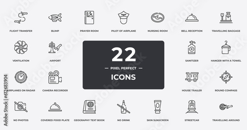 vacation outline icons set. thin line icons sheet included flight transfer, prayer room, nursing room, travelling baggage weight, hanger with a towel, covered food plate, streetcar, travelling