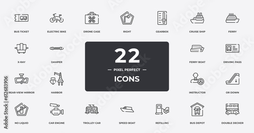 transportation outline icons set. thin line icons sheet included bus ticket, drone case, gearbox, ferry, driving pass, car engine, bus depot, double decker vector.