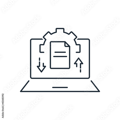 Data migration. The process of information processing.Vector linear icon isolated on white background.