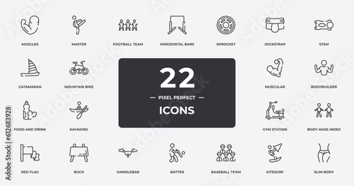 sport fitness outline icons set. thin line icons sheet included muscles, football team, sprocket, stem, bodybuilder, buck, kitesurf, slim body vector.