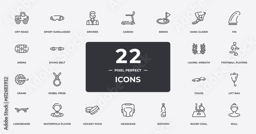 sports outline icons set. thin line icons sheet included off road, drivers, birdie, fin, football players, waterpolo player, rugby goal, null vector.
