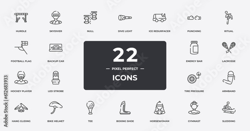 adventure sports outline icons set. thin line icons sheet included hurdle, null, ice resurfacer, ritual, lacrosse, bike helmet, gymnast, sledding vector.